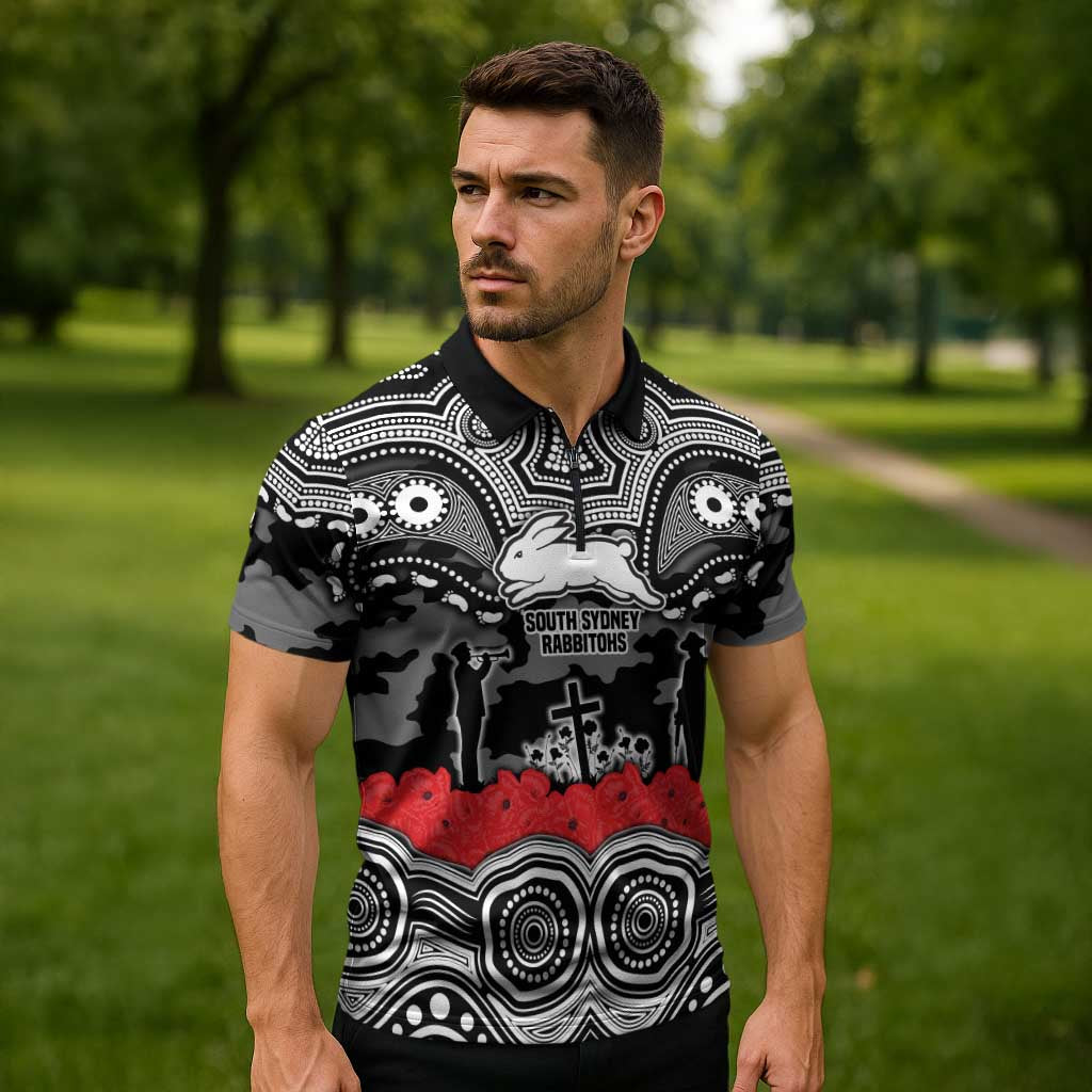 ANZAC Day South Sydney Rabbitohs Zipper Polo Shirt Military Memorial Aboriginal Indigenous Art
