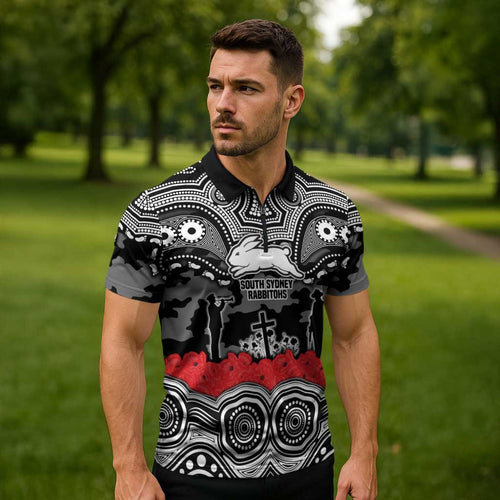 ANZAC Day South Sydney Rabbitohs Zipper Polo Shirt Military Memorial Aboriginal Indigenous Art