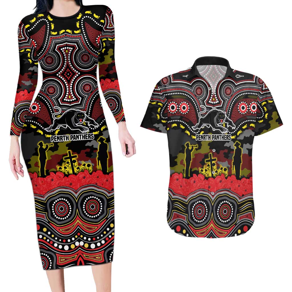 ANZAC Day Penrith Panthers Couples Matching Long Sleeve Bodycon Dress and Hawaiian Shirt Military Memorial Aboriginal Indigenous Art