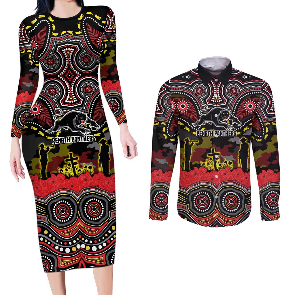 ANZAC Day Penrith Panthers Couples Matching Long Sleeve Bodycon Dress and Long Sleeve Button Shirt Military Memorial Aboriginal Indigenous Art