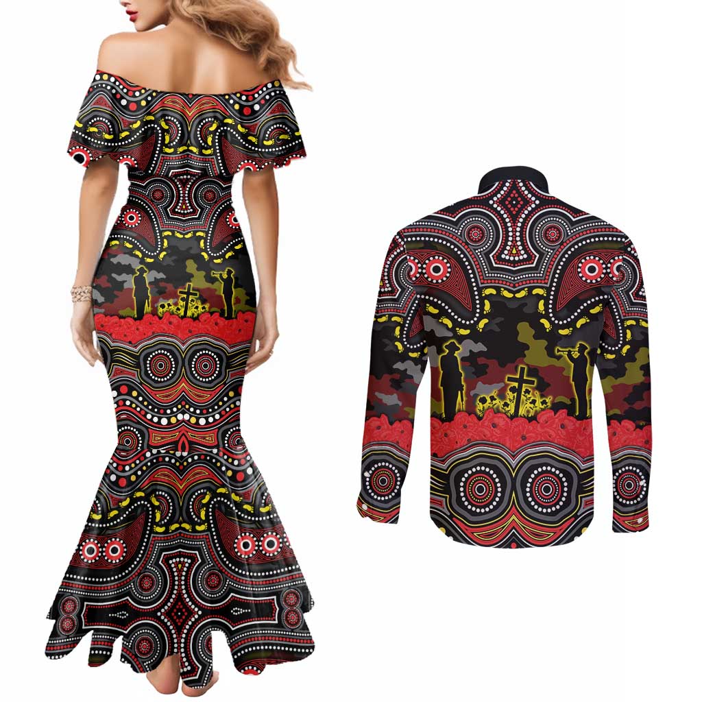 ANZAC Day Penrith Panthers Couples Matching Mermaid Dress and Long Sleeve Button Shirt Military Memorial Aboriginal Indigenous Art