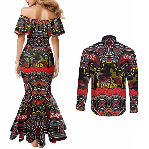 ANZAC Day Penrith Panthers Couples Matching Mermaid Dress and Long Sleeve Button Shirt Military Memorial Aboriginal Indigenous Art