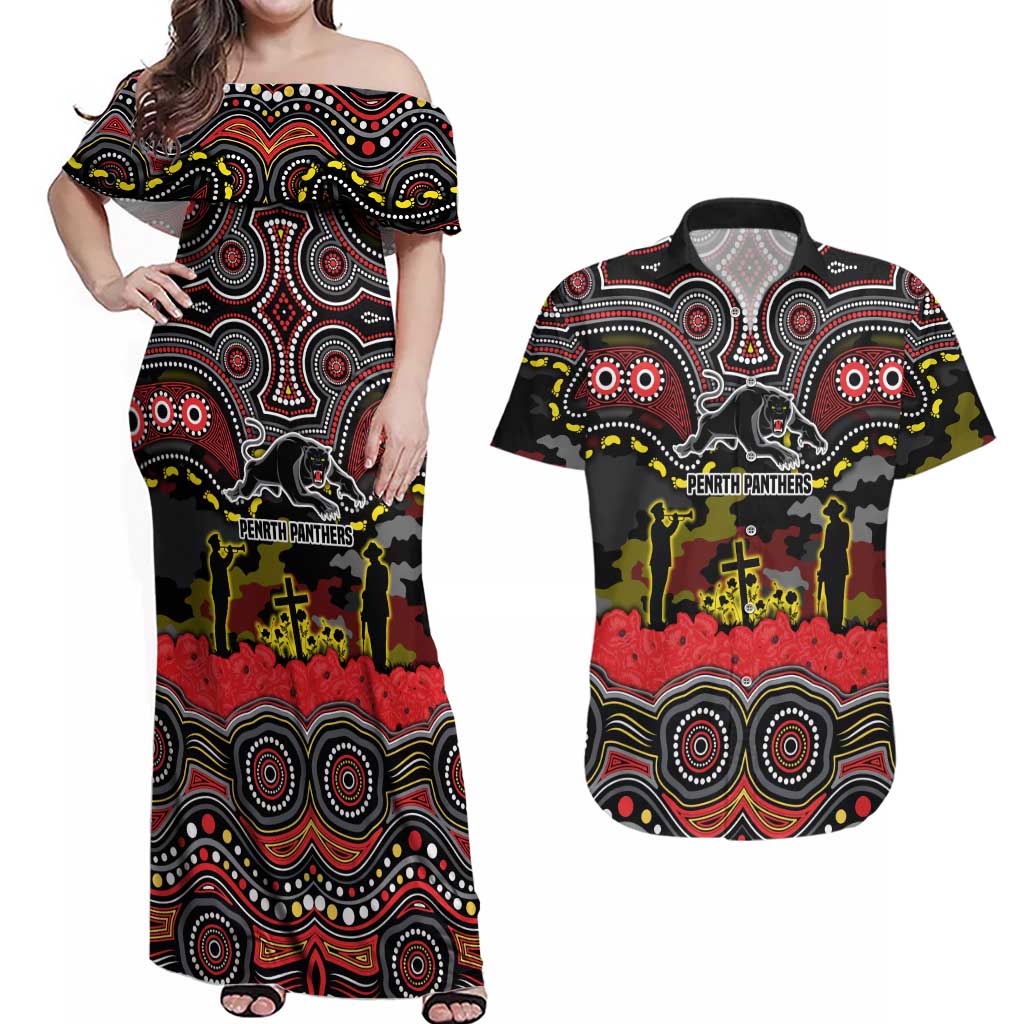 ANZAC Day Penrith Panthers Couples Matching Off Shoulder Maxi Dress and Hawaiian Shirt Military Memorial Aboriginal Indigenous Art