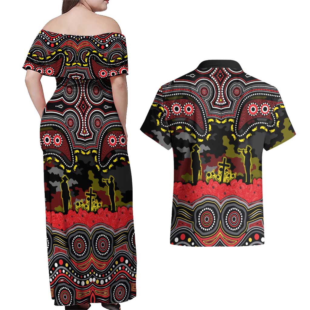ANZAC Day Penrith Panthers Couples Matching Off Shoulder Maxi Dress and Hawaiian Shirt Military Memorial Aboriginal Indigenous Art