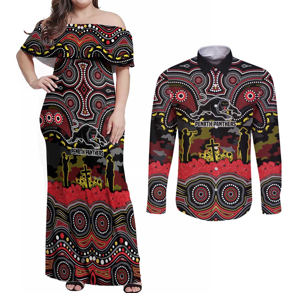 ANZAC Day Penrith Panthers Couples Matching Off Shoulder Maxi Dress and Long Sleeve Button Shirt Military Memorial Aboriginal Indigenous Art