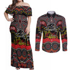 ANZAC Day Penrith Panthers Couples Matching Off Shoulder Maxi Dress and Long Sleeve Button Shirt Military Memorial Aboriginal Indigenous Art
