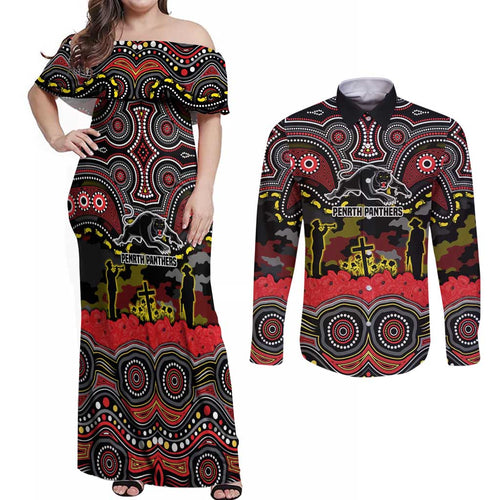 ANZAC Day Penrith Panthers Couples Matching Off Shoulder Maxi Dress and Long Sleeve Button Shirt Military Memorial Aboriginal Indigenous Art