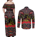 ANZAC Day Penrith Panthers Couples Matching Off Shoulder Maxi Dress and Long Sleeve Button Shirt Military Memorial Aboriginal Indigenous Art