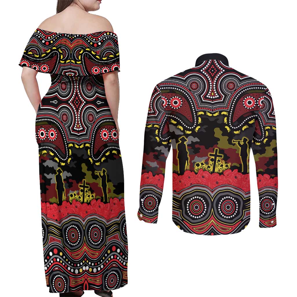 ANZAC Day Penrith Panthers Couples Matching Off Shoulder Maxi Dress and Long Sleeve Button Shirt Military Memorial Aboriginal Indigenous Art