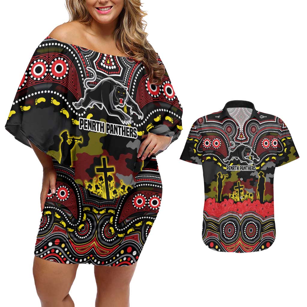 ANZAC Day Penrith Panthers Couples Matching Off Shoulder Short Dress and Hawaiian Shirt Military Memorial Aboriginal Indigenous Art
