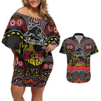 ANZAC Day Penrith Panthers Couples Matching Off Shoulder Short Dress and Hawaiian Shirt Military Memorial Aboriginal Indigenous Art