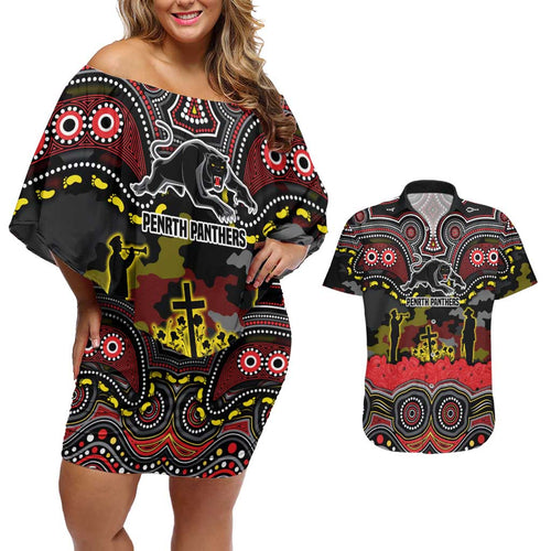 ANZAC Day Penrith Panthers Couples Matching Off Shoulder Short Dress and Hawaiian Shirt Military Memorial Aboriginal Indigenous Art