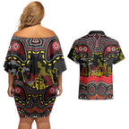 ANZAC Day Penrith Panthers Couples Matching Off Shoulder Short Dress and Hawaiian Shirt Military Memorial Aboriginal Indigenous Art