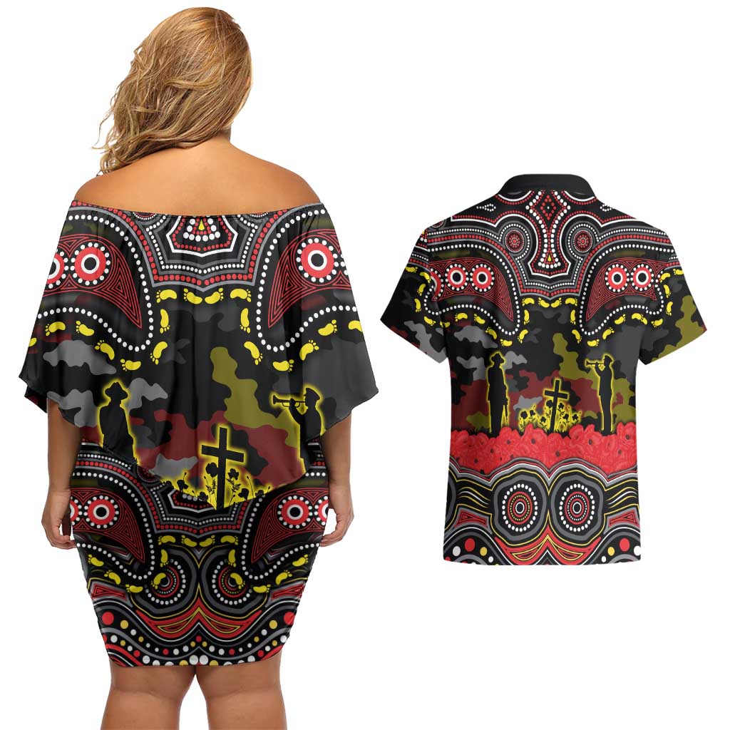 ANZAC Day Penrith Panthers Couples Matching Off Shoulder Short Dress and Hawaiian Shirt Military Memorial Aboriginal Indigenous Art