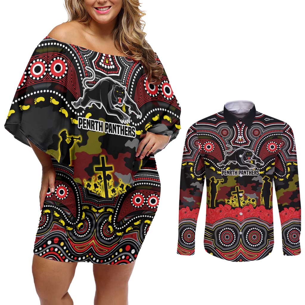 ANZAC Day Penrith Panthers Couples Matching Off Shoulder Short Dress and Long Sleeve Button Shirt Military Memorial Aboriginal Indigenous Art