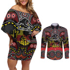 ANZAC Day Penrith Panthers Couples Matching Off Shoulder Short Dress and Long Sleeve Button Shirt Military Memorial Aboriginal Indigenous Art