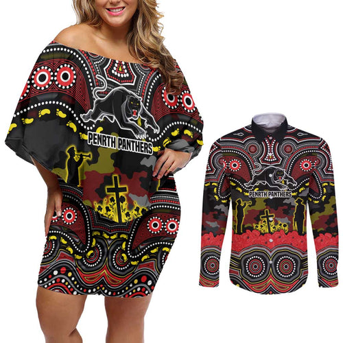 ANZAC Day Penrith Panthers Couples Matching Off Shoulder Short Dress and Long Sleeve Button Shirt Military Memorial Aboriginal Indigenous Art