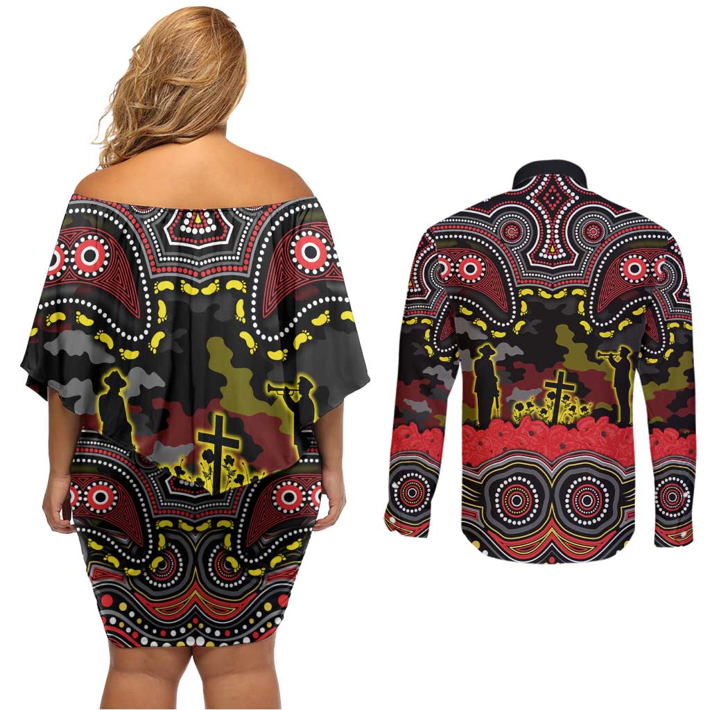 ANZAC Day Penrith Panthers Couples Matching Off Shoulder Short Dress and Long Sleeve Button Shirt Military Memorial Aboriginal Indigenous Art