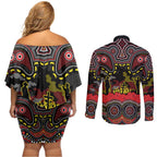 ANZAC Day Penrith Panthers Couples Matching Off Shoulder Short Dress and Long Sleeve Button Shirt Military Memorial Aboriginal Indigenous Art