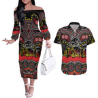 ANZAC Day Penrith Panthers Couples Matching Off The Shoulder Long Sleeve Dress and Hawaiian Shirt Military Memorial Aboriginal Indigenous Art