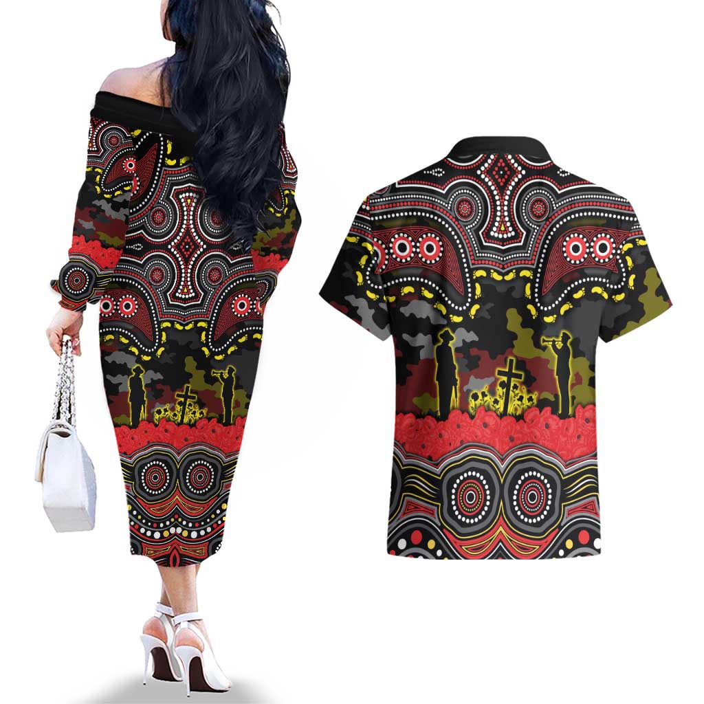 ANZAC Day Penrith Panthers Couples Matching Off The Shoulder Long Sleeve Dress and Hawaiian Shirt Military Memorial Aboriginal Indigenous Art