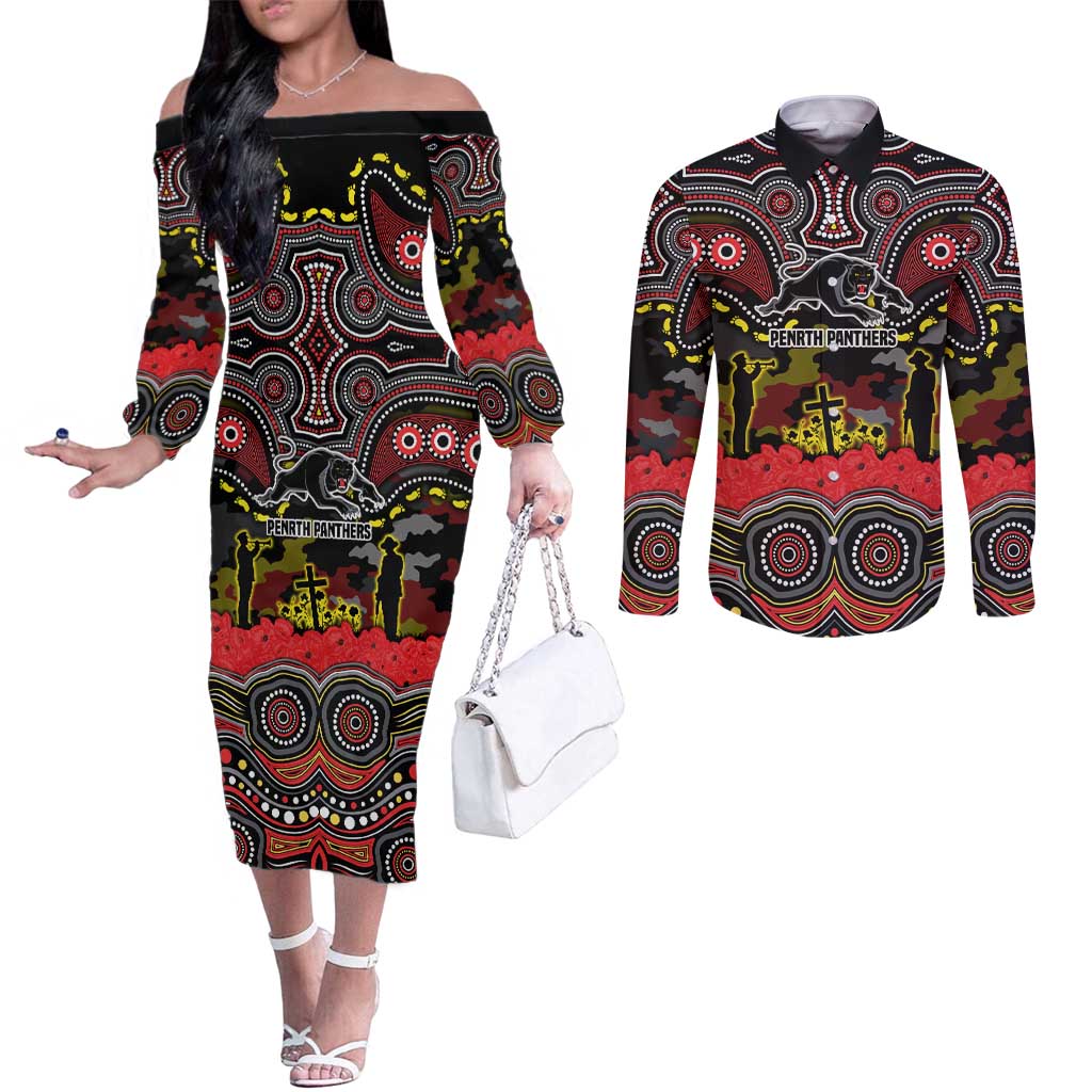 ANZAC Day Penrith Panthers Couples Matching Off The Shoulder Long Sleeve Dress and Long Sleeve Button Shirt Military Memorial Aboriginal Indigenous Art