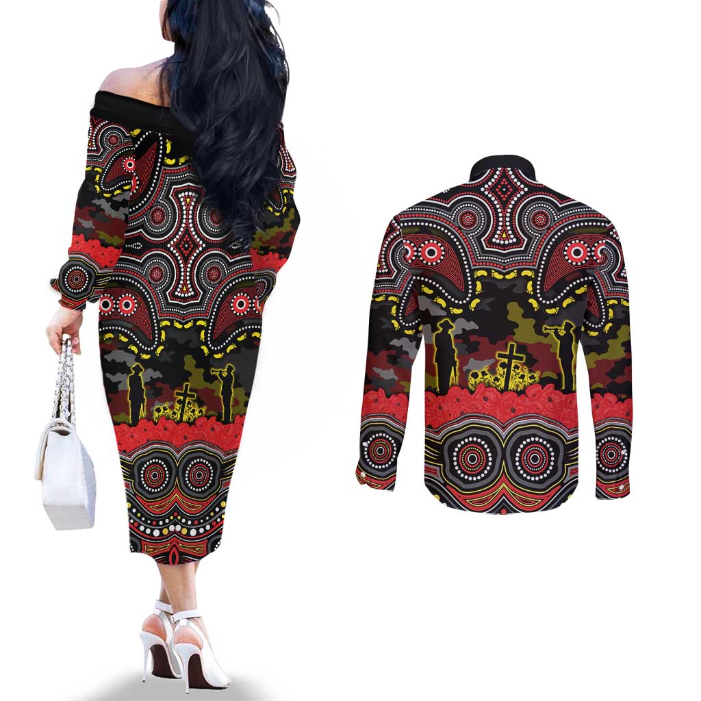 ANZAC Day Penrith Panthers Couples Matching Off The Shoulder Long Sleeve Dress and Long Sleeve Button Shirt Military Memorial Aboriginal Indigenous Art
