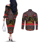 ANZAC Day Penrith Panthers Couples Matching Off The Shoulder Long Sleeve Dress and Long Sleeve Button Shirt Military Memorial Aboriginal Indigenous Art