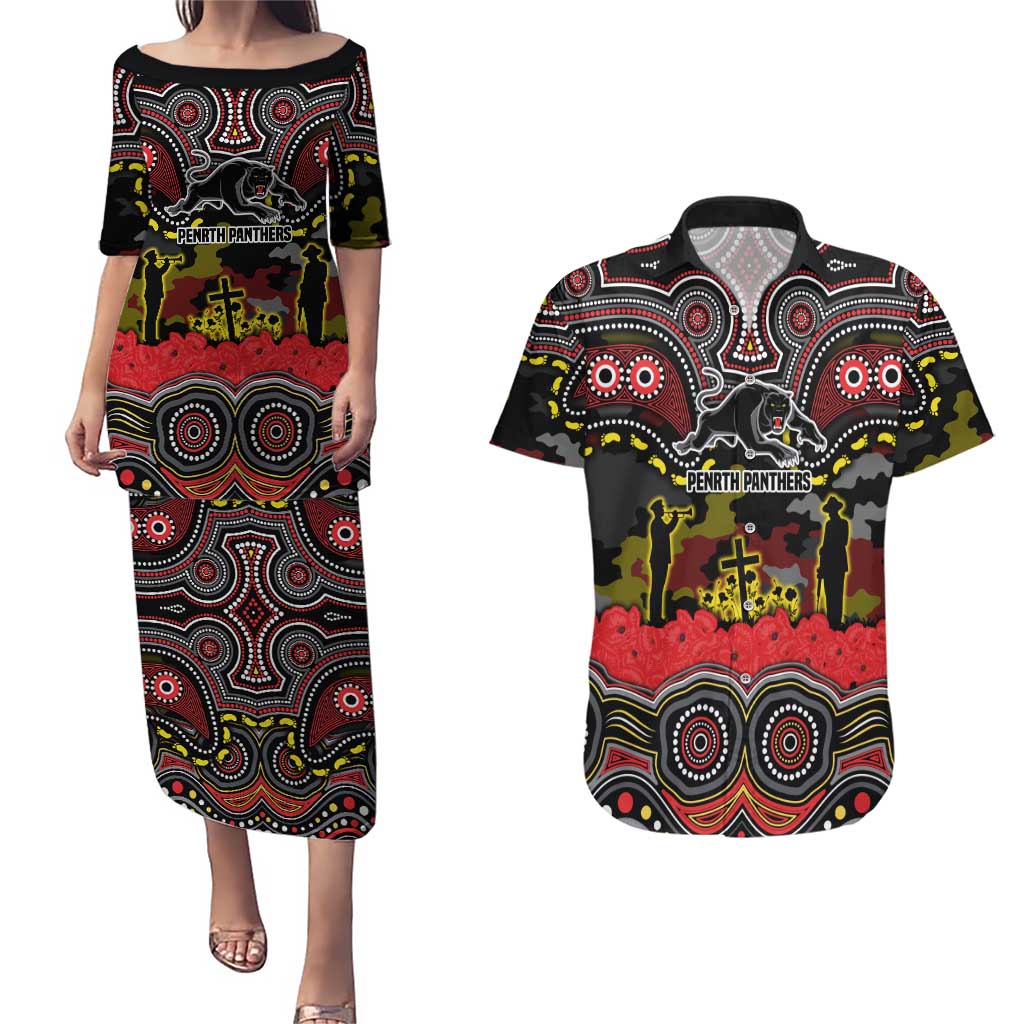 ANZAC Day Penrith Panthers Couples Matching Puletasi and Hawaiian Shirt Military Memorial Aboriginal Indigenous Art