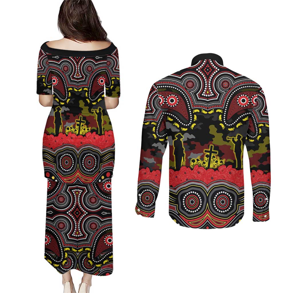 ANZAC Day Penrith Panthers Couples Matching Puletasi and Long Sleeve Button Shirt Military Memorial Aboriginal Indigenous Art