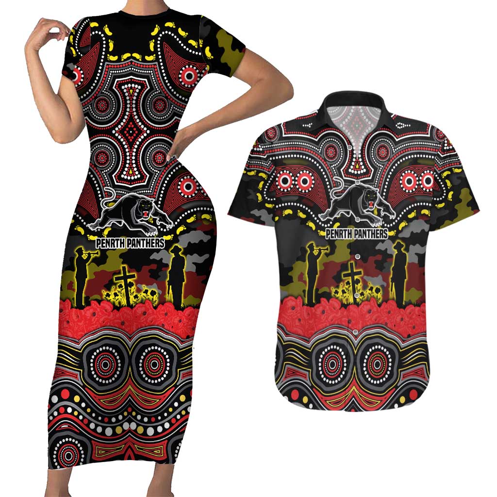 ANZAC Day Penrith Panthers Couples Matching Short Sleeve Bodycon Dress and Hawaiian Shirt Military Memorial Aboriginal Indigenous Art