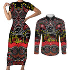 ANZAC Day Penrith Panthers Couples Matching Short Sleeve Bodycon Dress and Long Sleeve Button Shirt Military Memorial Aboriginal Indigenous Art