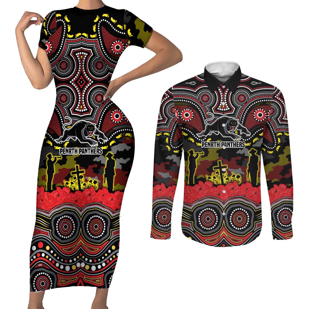 ANZAC Day Penrith Panthers Couples Matching Short Sleeve Bodycon Dress and Long Sleeve Button Shirt Military Memorial Aboriginal Indigenous Art