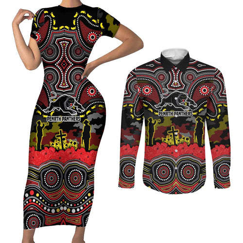 ANZAC Day Penrith Panthers Couples Matching Short Sleeve Bodycon Dress and Long Sleeve Button Shirt Military Memorial Aboriginal Indigenous Art