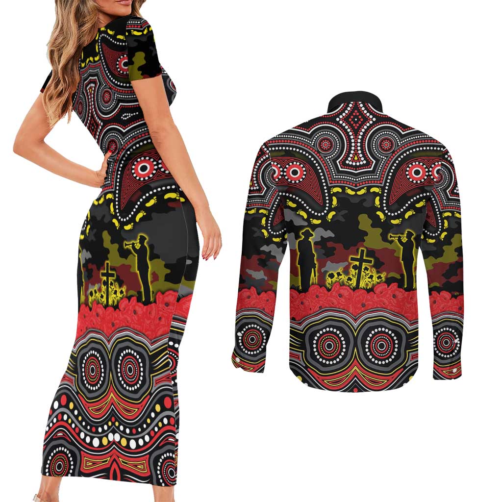 ANZAC Day Penrith Panthers Couples Matching Short Sleeve Bodycon Dress and Long Sleeve Button Shirt Military Memorial Aboriginal Indigenous Art