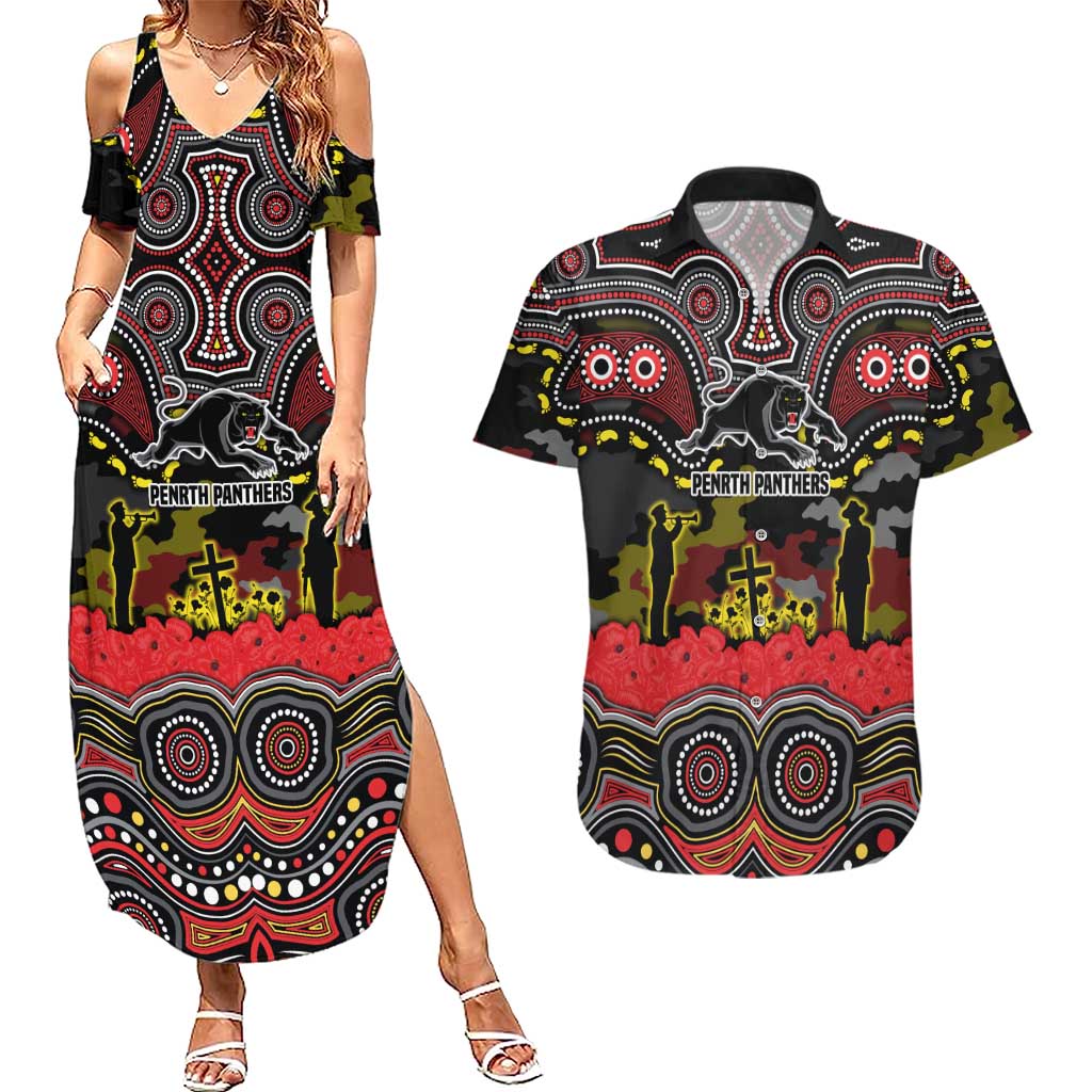 ANZAC Day Penrith Panthers Couples Matching Summer Maxi Dress and Hawaiian Shirt Military Memorial Aboriginal Indigenous Art