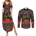 ANZAC Day Penrith Panthers Couples Matching Summer Maxi Dress and Long Sleeve Button Shirt Military Memorial Aboriginal Indigenous Art