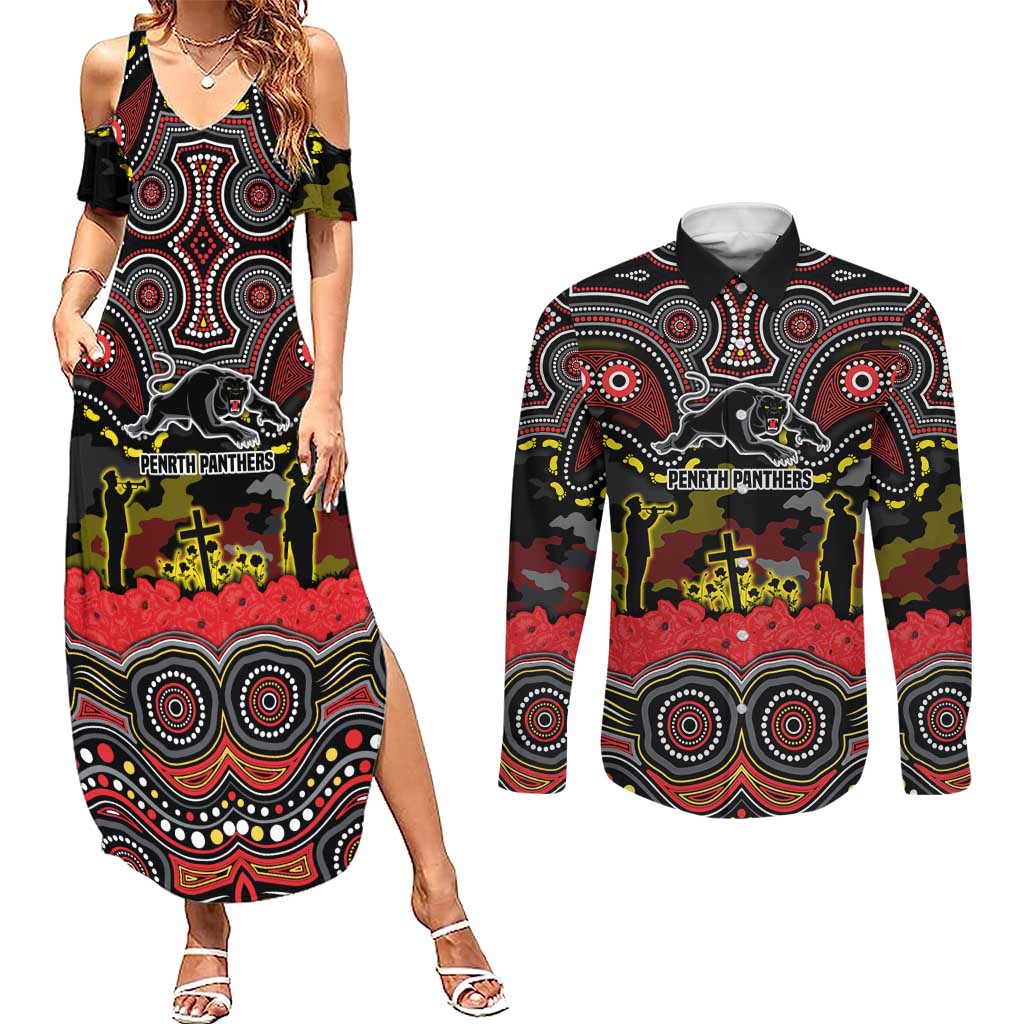 ANZAC Day Penrith Panthers Couples Matching Summer Maxi Dress and Long Sleeve Button Shirt Military Memorial Aboriginal Indigenous Art