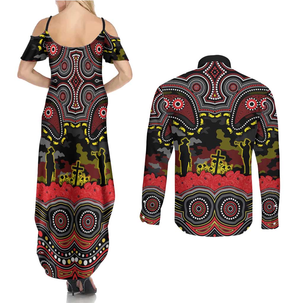 ANZAC Day Penrith Panthers Couples Matching Summer Maxi Dress and Long Sleeve Button Shirt Military Memorial Aboriginal Indigenous Art