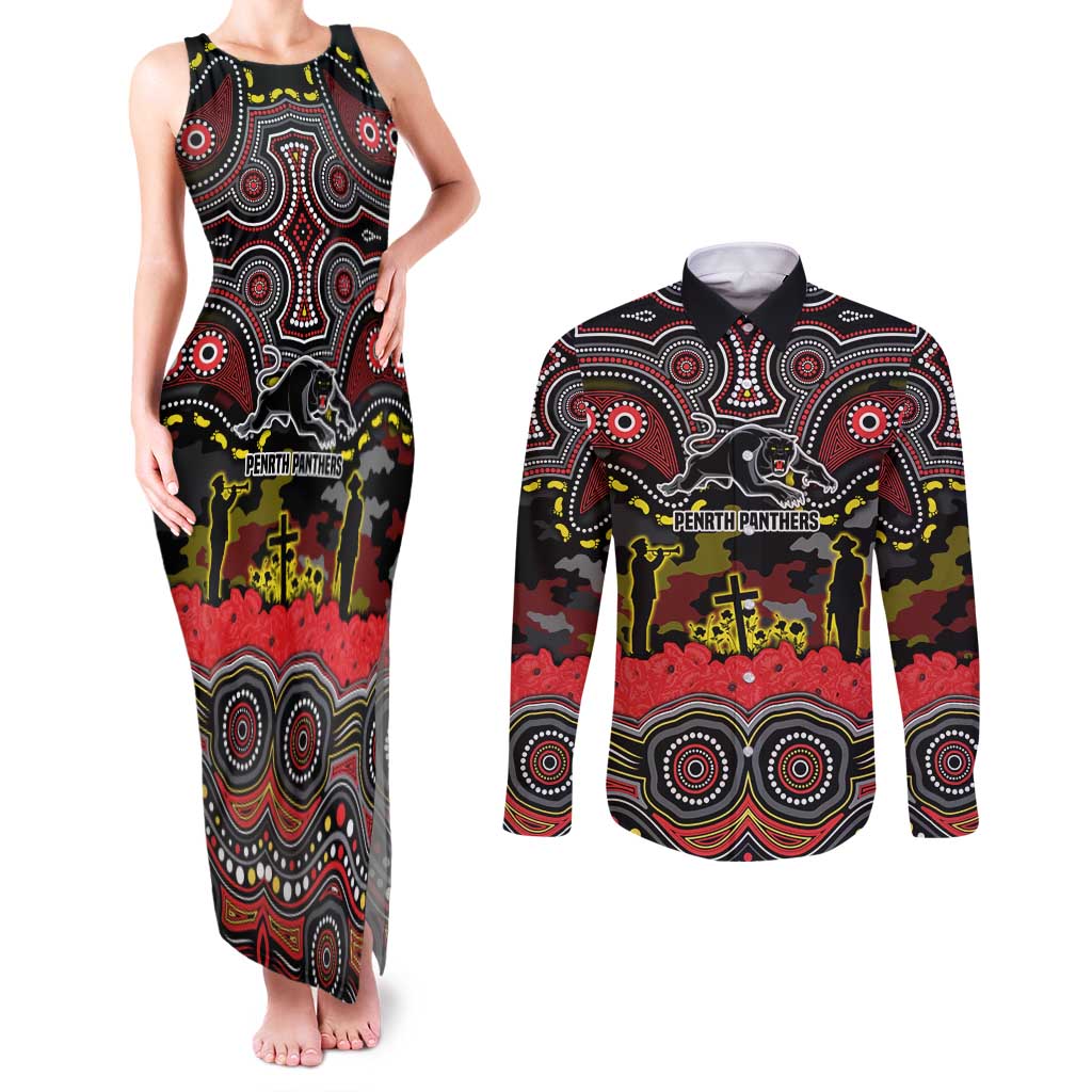 ANZAC Day Penrith Panthers Couples Matching Tank Maxi Dress and Long Sleeve Button Shirt Military Memorial Aboriginal Indigenous Art