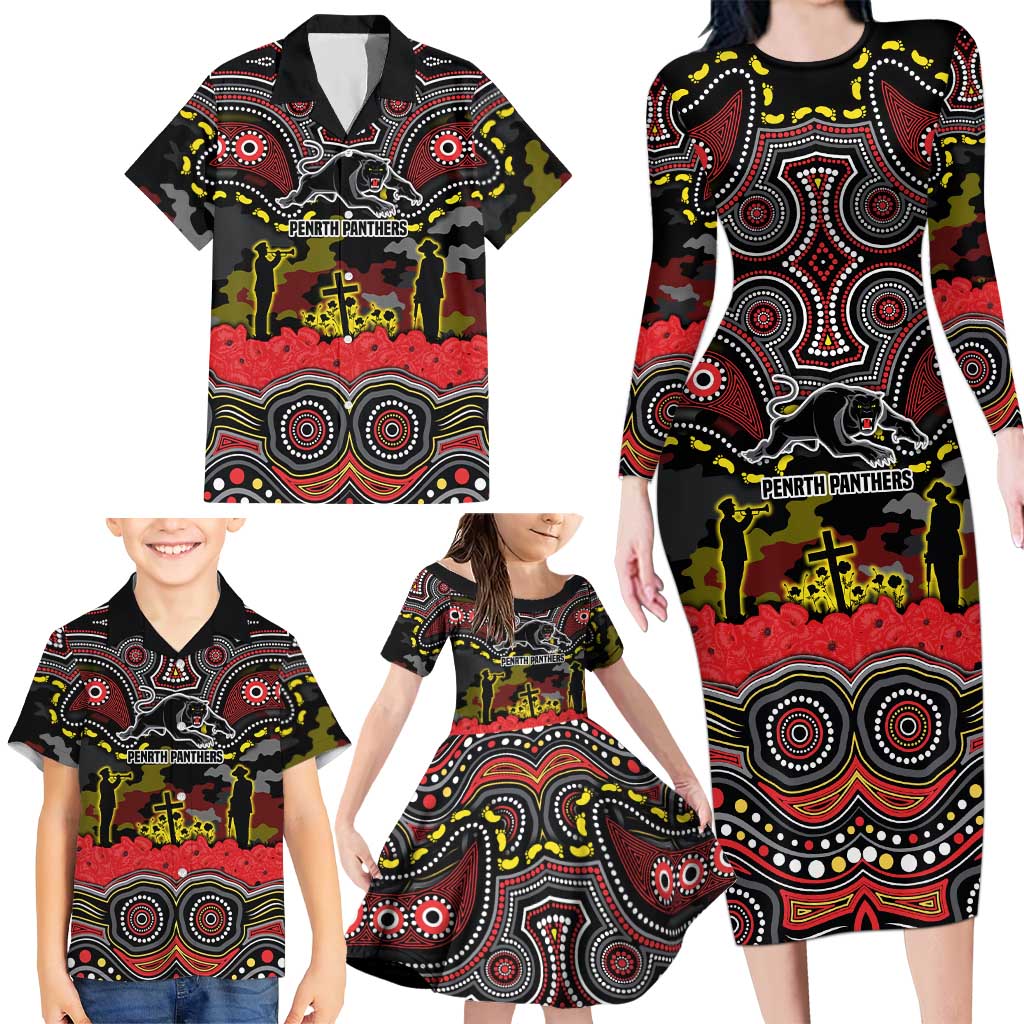 ANZAC Day Penrith Panthers Family Matching Long Sleeve Bodycon Dress and Hawaiian Shirt Military Memorial Aboriginal Indigenous Art