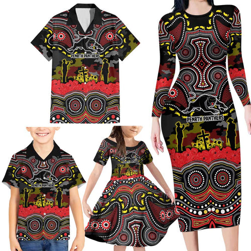 ANZAC Day Penrith Panthers Family Matching Long Sleeve Bodycon Dress and Hawaiian Shirt Military Memorial Aboriginal Indigenous Art