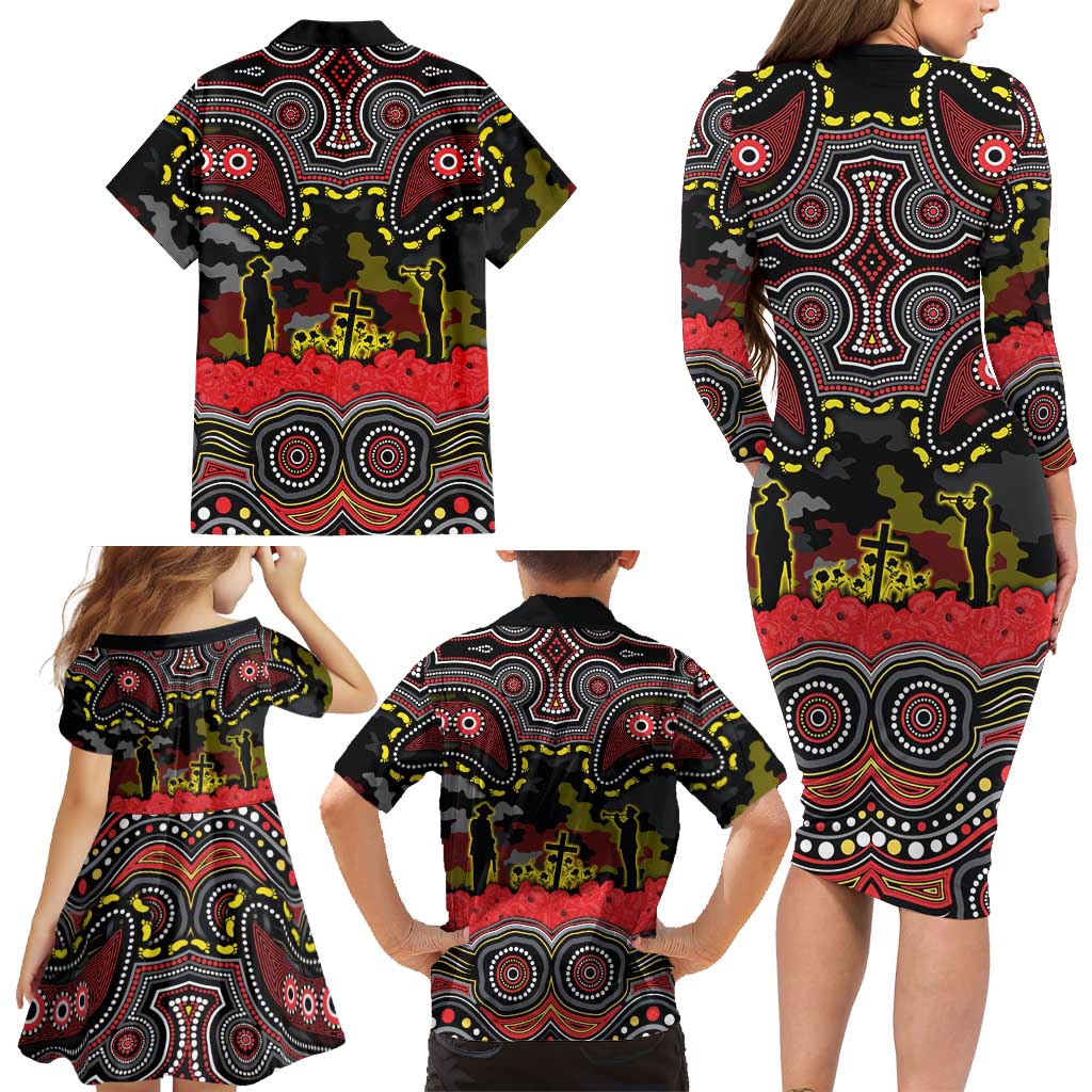 ANZAC Day Penrith Panthers Family Matching Long Sleeve Bodycon Dress and Hawaiian Shirt Military Memorial Aboriginal Indigenous Art