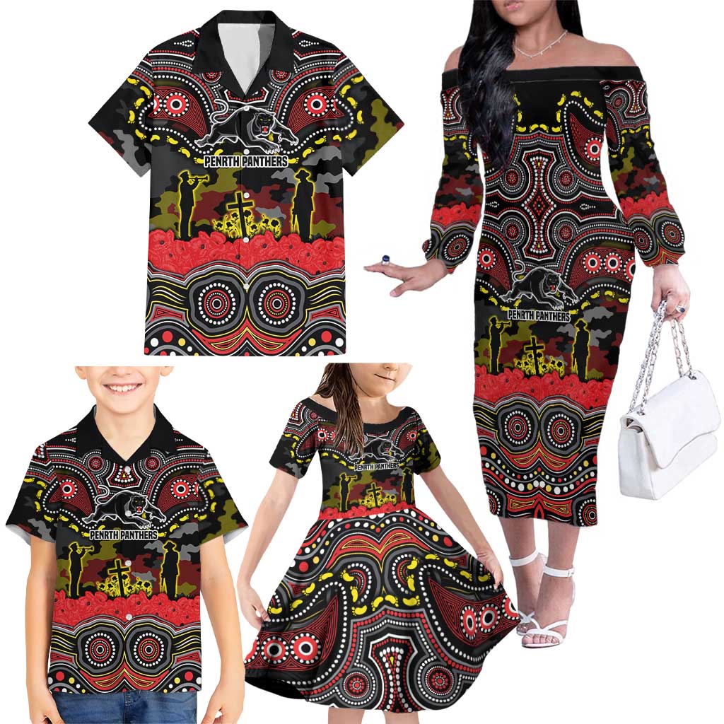 ANZAC Day Penrith Panthers Family Matching Off The Shoulder Long Sleeve Dress and Hawaiian Shirt Military Memorial Aboriginal Indigenous Art
