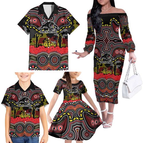 ANZAC Day Penrith Panthers Family Matching Off The Shoulder Long Sleeve Dress and Hawaiian Shirt Military Memorial Aboriginal Indigenous Art