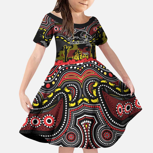 ANZAC Day Penrith Panthers Family Matching Off The Shoulder Long Sleeve Dress and Hawaiian Shirt Military Memorial Aboriginal Indigenous Art