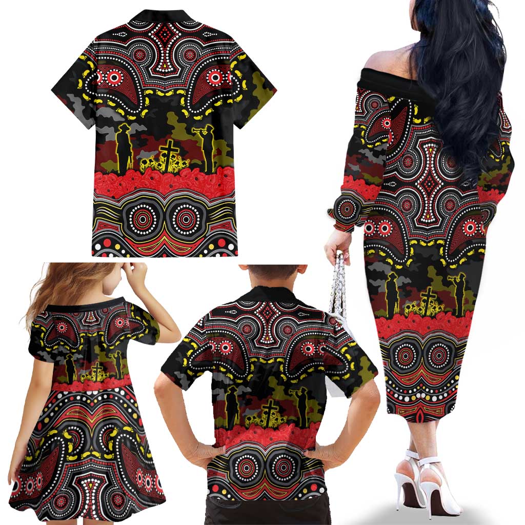 ANZAC Day Penrith Panthers Family Matching Off The Shoulder Long Sleeve Dress and Hawaiian Shirt Military Memorial Aboriginal Indigenous Art