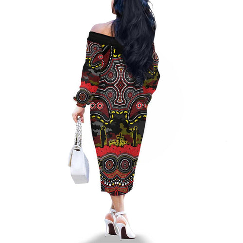ANZAC Day Penrith Panthers Family Matching Off The Shoulder Long Sleeve Dress and Hawaiian Shirt Military Memorial Aboriginal Indigenous Art