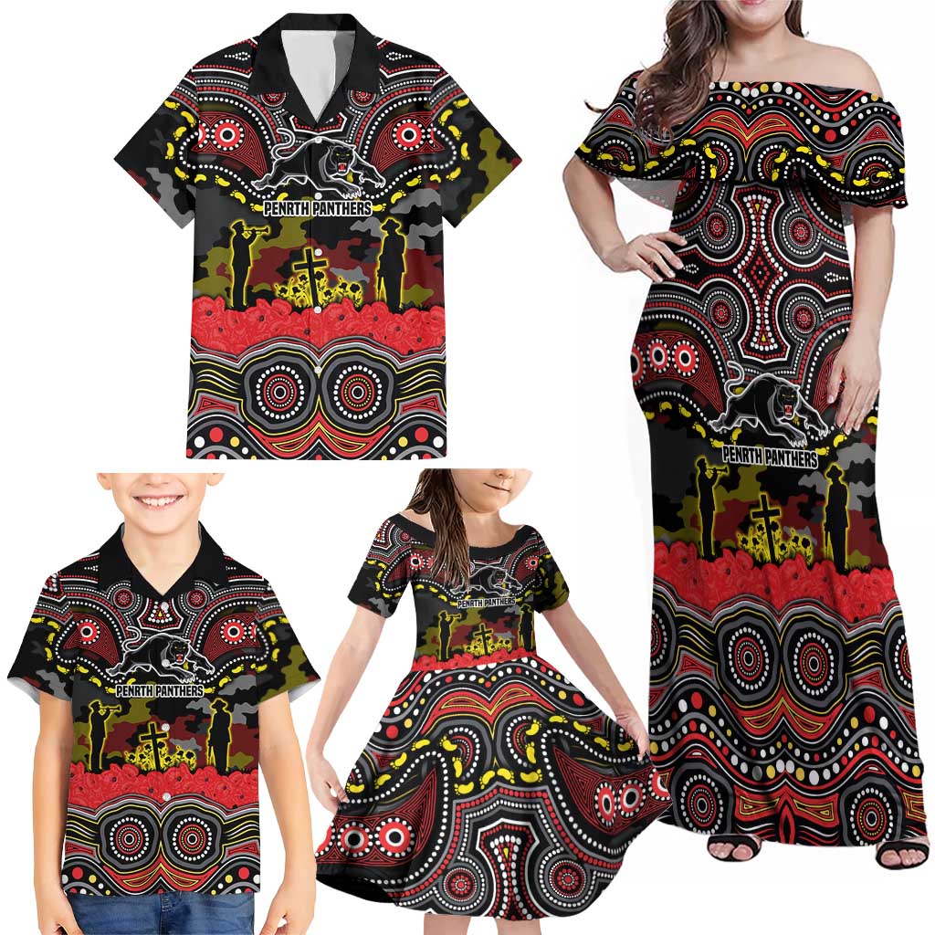 ANZAC Day Penrith Panthers Family Matching Off Shoulder Maxi Dress and Hawaiian Shirt Military Memorial Aboriginal Indigenous Art