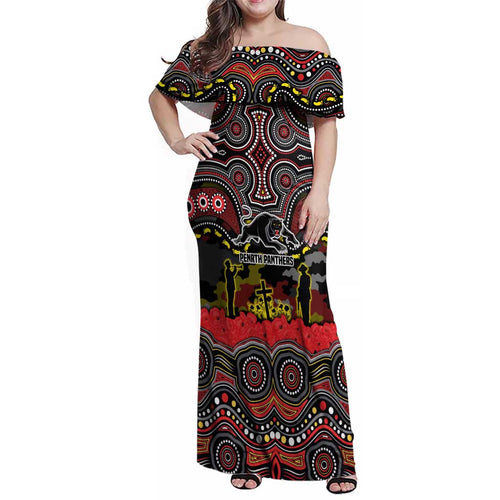ANZAC Day Penrith Panthers Family Matching Off Shoulder Maxi Dress and Hawaiian Shirt Military Memorial Aboriginal Indigenous Art
